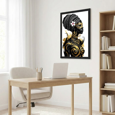 African Woman With Gold Patterns And Flower Headwrap Canvas Wrapped Wall Art Set Of 1