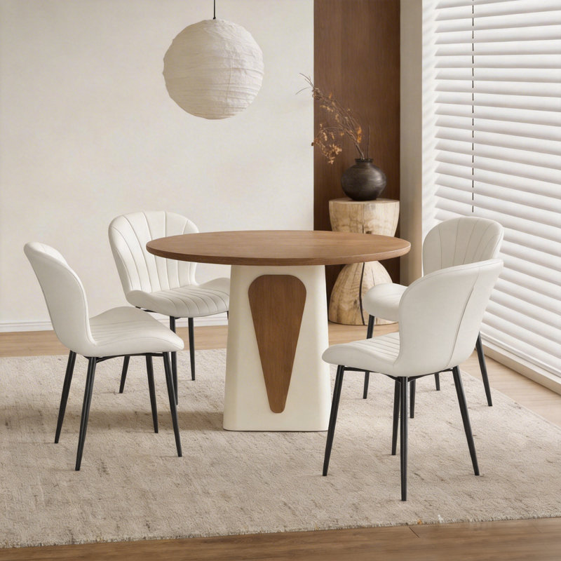 Set Of 4 Comfort Upholstered Leather Dining Chairs, Beige