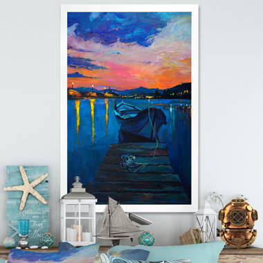 Canvas Wall Art Wooden pier with fishing boat at sunset on a lake