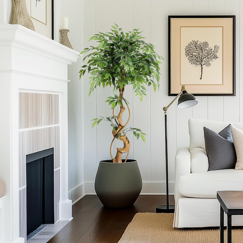 Ficus Artificial Tree with Curved Trunk,4 Feet Faux Plant Fake Silk Trees with White Pot, Fake Ficus Tree for Home Decor, Artificial Plants Indoor for Indoor Office Living Room