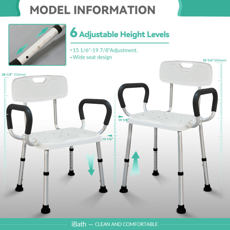 Adjustable Height Shower Chair with Armrests & Backrest, Corrosion-Resistant Aluminum Alloy Bath Chair for Seniors & Disabled, 6-Level Height Adjustment, 330Lbs Capacity