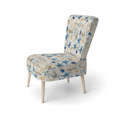 Blue And White Coastal Retreat Seashells - Upholstered Farmhouse Side Chair, Rustic Floral Accent Chair