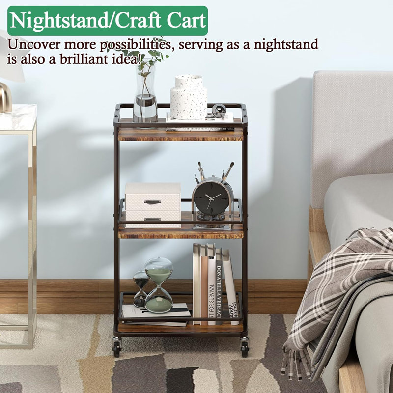 3 Tier Bar Cart For Home, Utility Kitchen Storage Island Serving Cart On Wheels, Brown