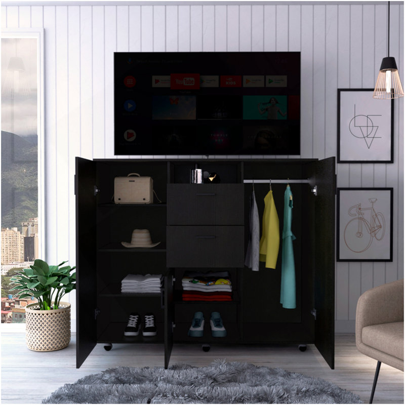 Commode d'armoire H 48 po, deux tiroirs, 3 portes, quatre tablettes intérieures, tringle, noir