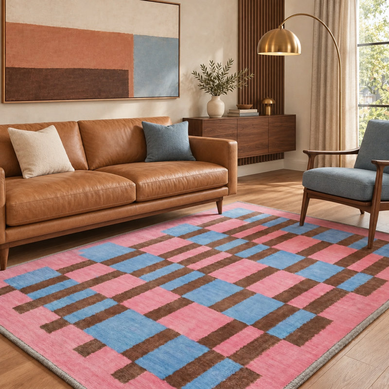 Tapis à motif géométrique à carreaux rétro Bungalow Bungalow, Rectangle 108 " x 72 "