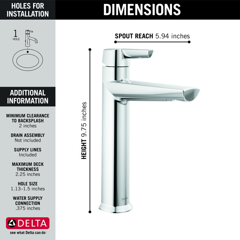 Robinet de salle de bain monotrou avec ensemble de drain Galeon, Chrome Lumicoat