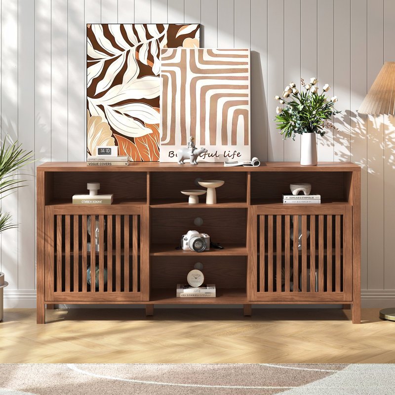 Farmhouse Brown Tv Stand With Grille Doors, 5 Open Storage Compartments, Media Console With Adjustable Shelves For Living Room