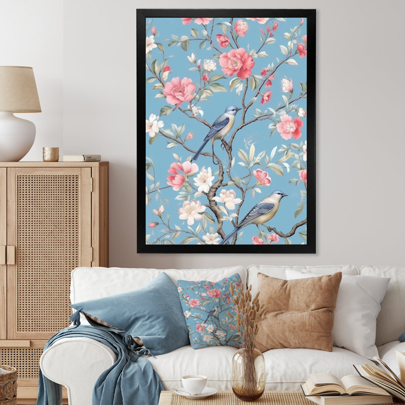 "Chinoiserie avec oiseaux et pivoines", impression sur toile encadrée, H 24 po x l 24 po x P 1 po, Cadre simple noir