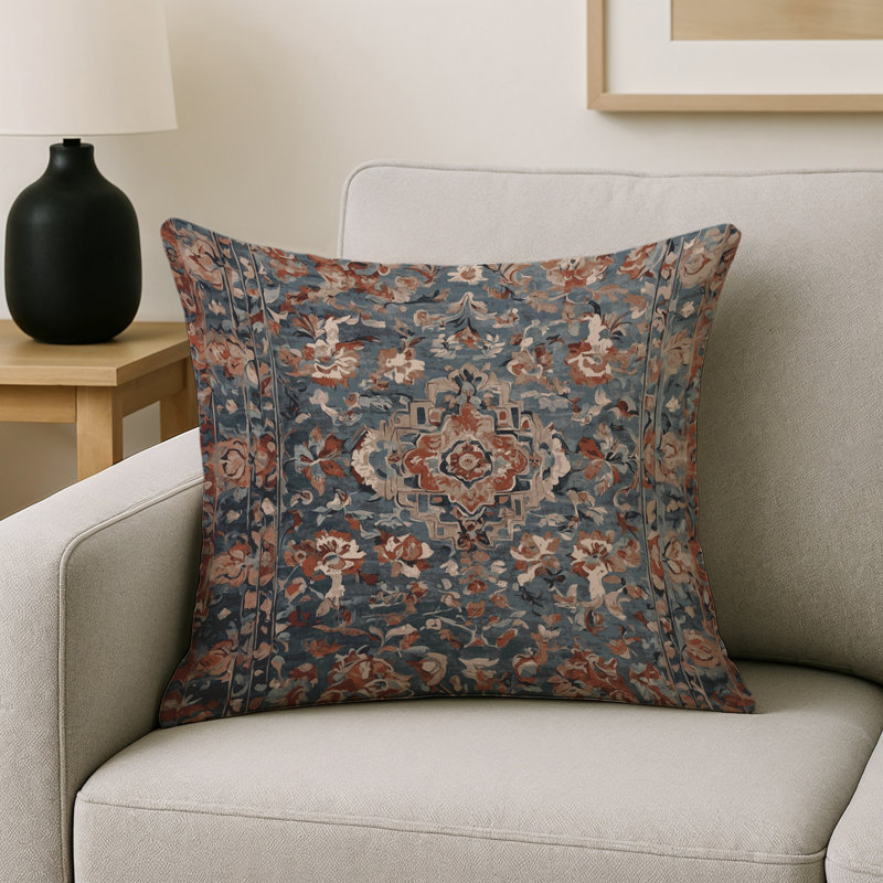 Coussin décoratif intérieur et extérieur Modern, Carré 16 po, Sarcelle / rouille / crème damassé
