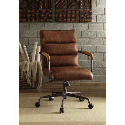 Fauteuil de bureau rétro en cuir fleur brun rétro - siège de bureau, siège réglable, coussin moelleux, base en métal solide, siège pivotant et réglable en hauteur