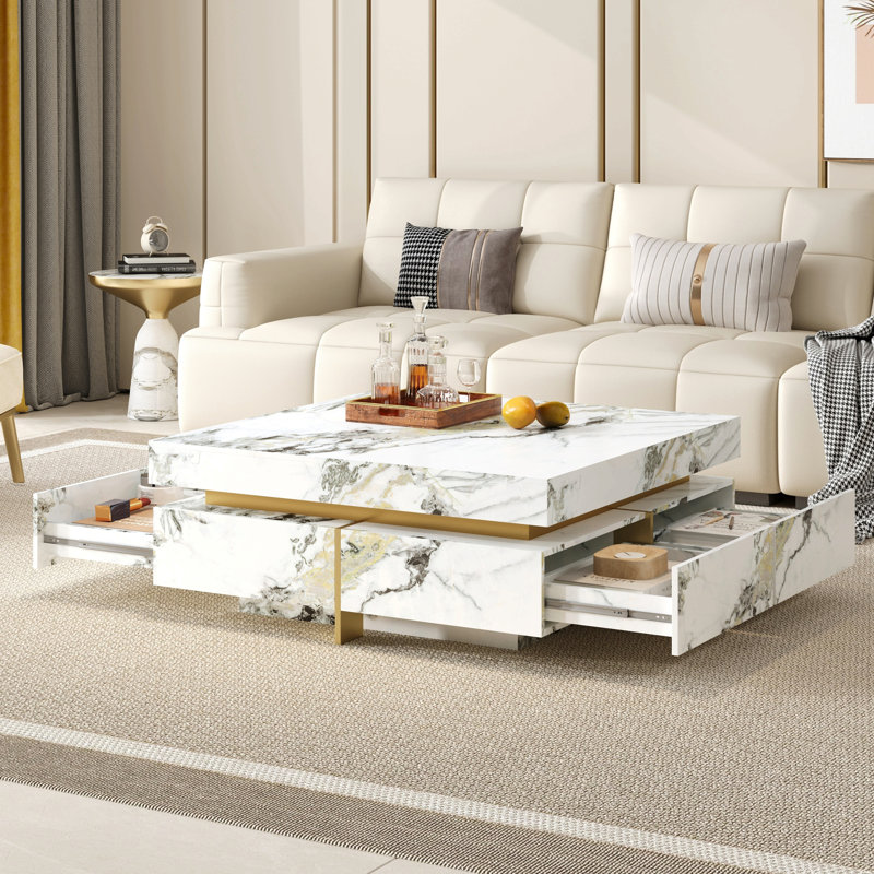 Table basse moderne carrée texturée en marbre avec 4 tiroirs et base suspendue, blanc, 43,3 po