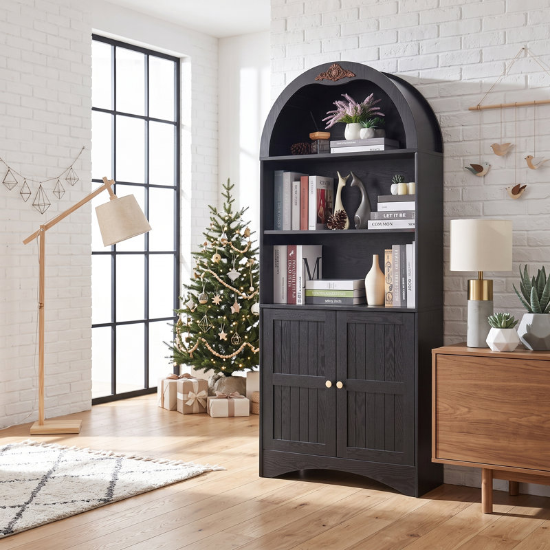 Armoire de rangement arquée Bargamin avec appliques décoratives et tablettes réglables, Noir