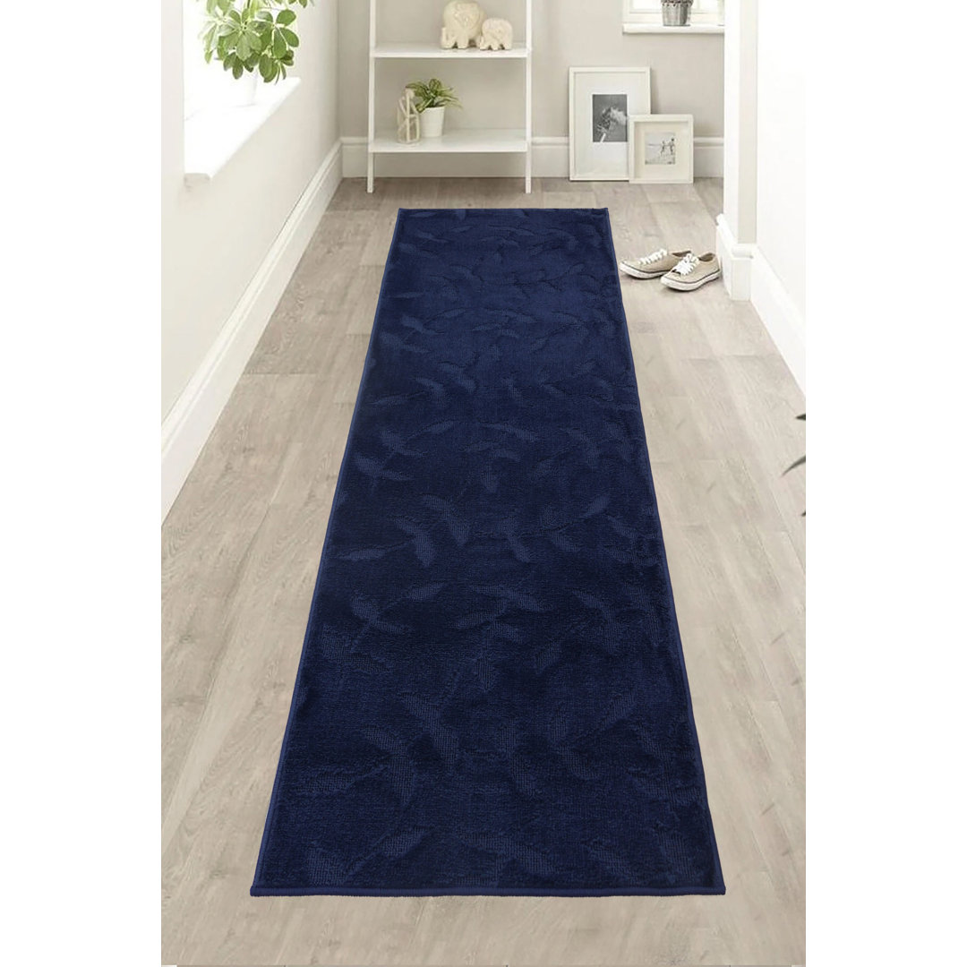 Custom Size  Anti Slip Machine Washable Medium Profile Cut Pile Soft Leaves Davario Navy Runner Rugs by Feet George Oliver Rug 