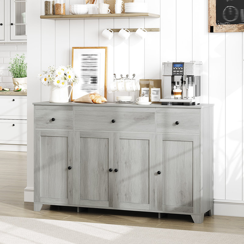 55" Sideboard Buffet Cabinet with Storage, Minimalist Kitchen Storage Cabinet with 3 Drawers & 4 Doors, Farmhouse Buffet Console Table Coffee Bar with Adjustable Shelf for Kitchen