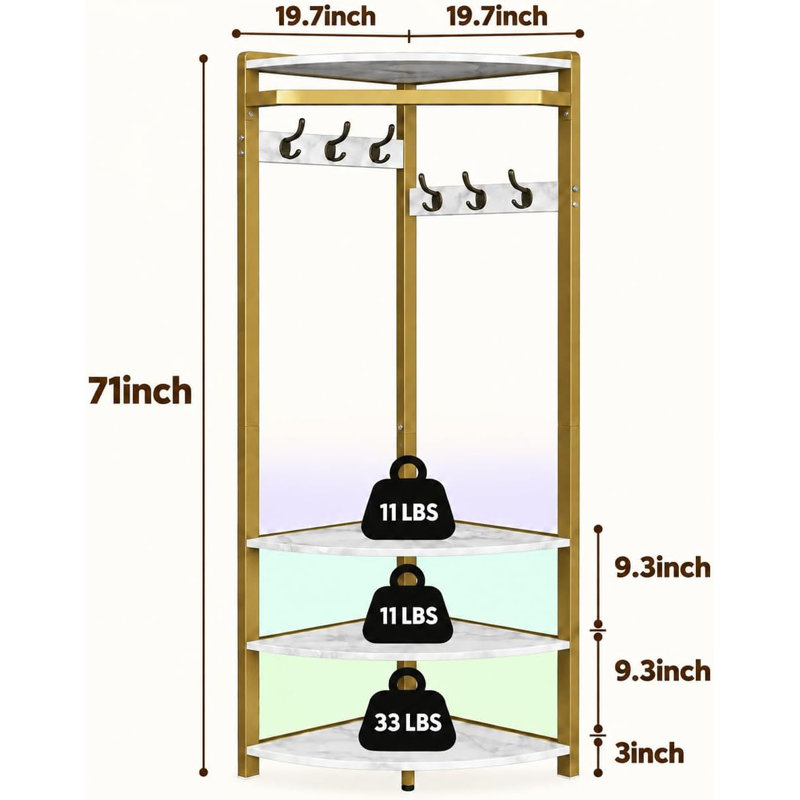 Portant de coin à vêtements avec étagères de rangement à 4 niveaux, blanc et or, Or / marbre blanc