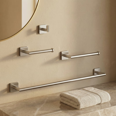 VIGO Satro 4-Piece Brushed Nickel Bathroom Hardware Set with 24-in Towel Bar, Toilet Paper Holder, Hand Towel Holder and Hook