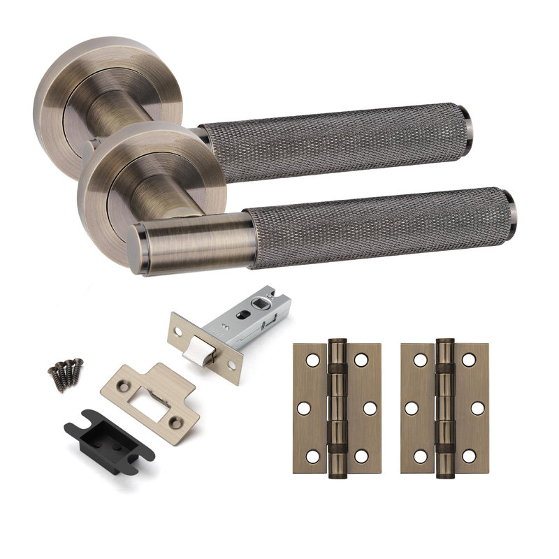  1 Set Straight T-Bar Knurled Door Handles in Antique Brass Finish with Tubular Latch and 1 Pair of 3" Ball Bearing Hinges