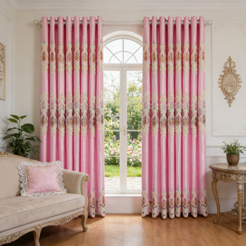 2 Panels Embroidered Blackout Pink Water Wave Curtain Head, Excluding Curtain Head, 79" W x 103" L