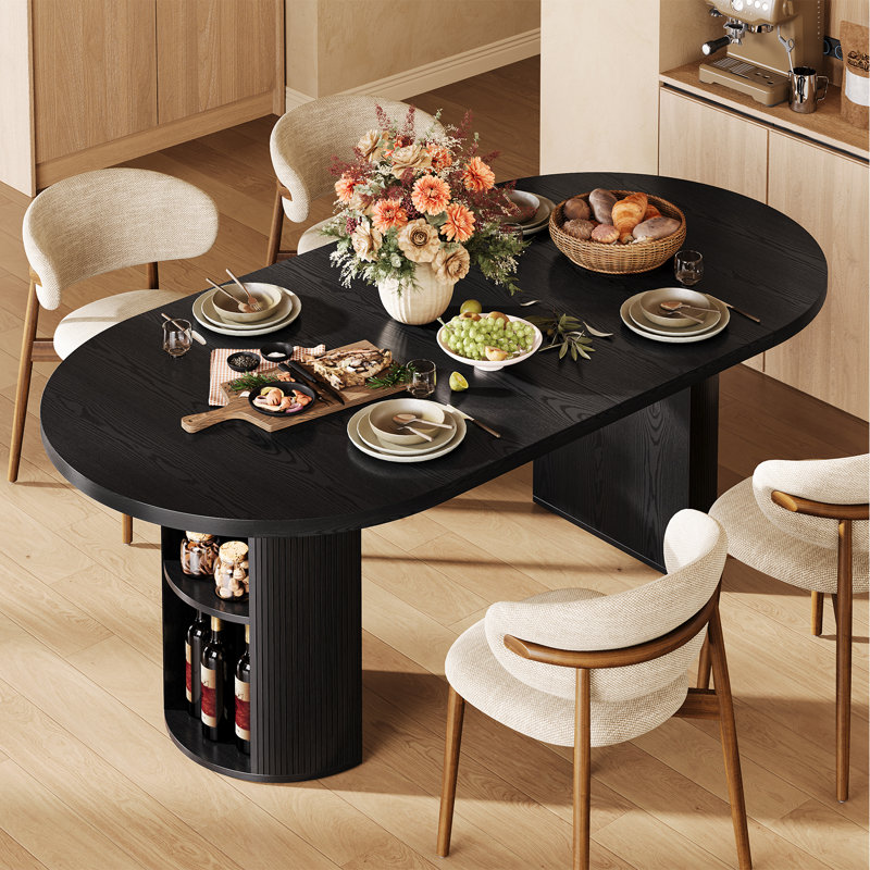 41"-78" Mid Century Extendable Oval Dining Table With Storage, 2 Leaves, Fluted Base, Seats 2-8, Black
