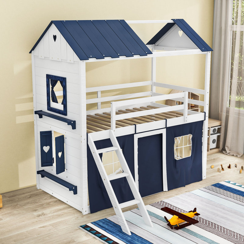 Lit superposé en bois avec fenêtre et tente Sherick, Simple sur simple, Bleu