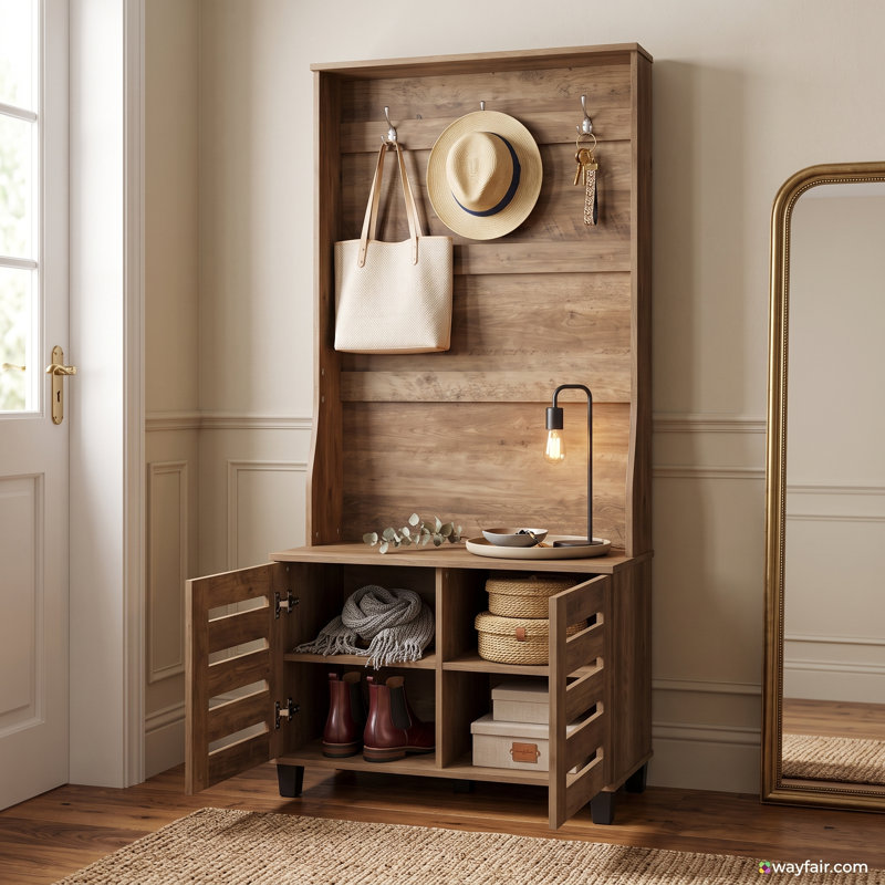 Lismore Hall Tree 31.3'' Wide with Bench and Shoe Storage, Knotty Oak