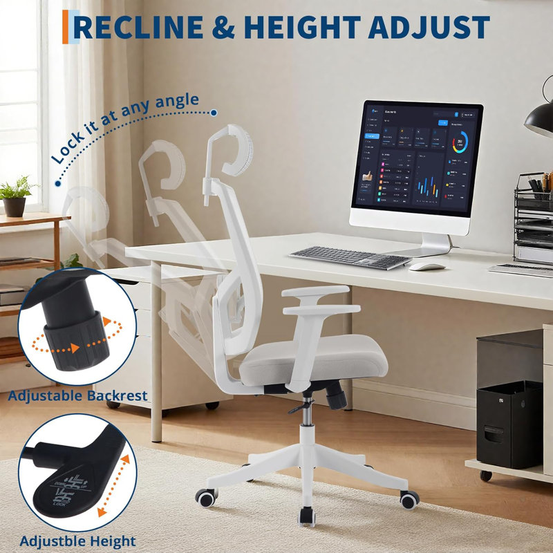 Chaise de bureau ergonomique à haut dossier, support lombaire réglable et appui-tête, Blanc
