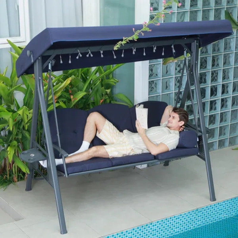 Balancelle de véranda à 3 places avec auvent inclinable réglable, coussins et coussins inclus Shadona, bleu marine, 78.7"