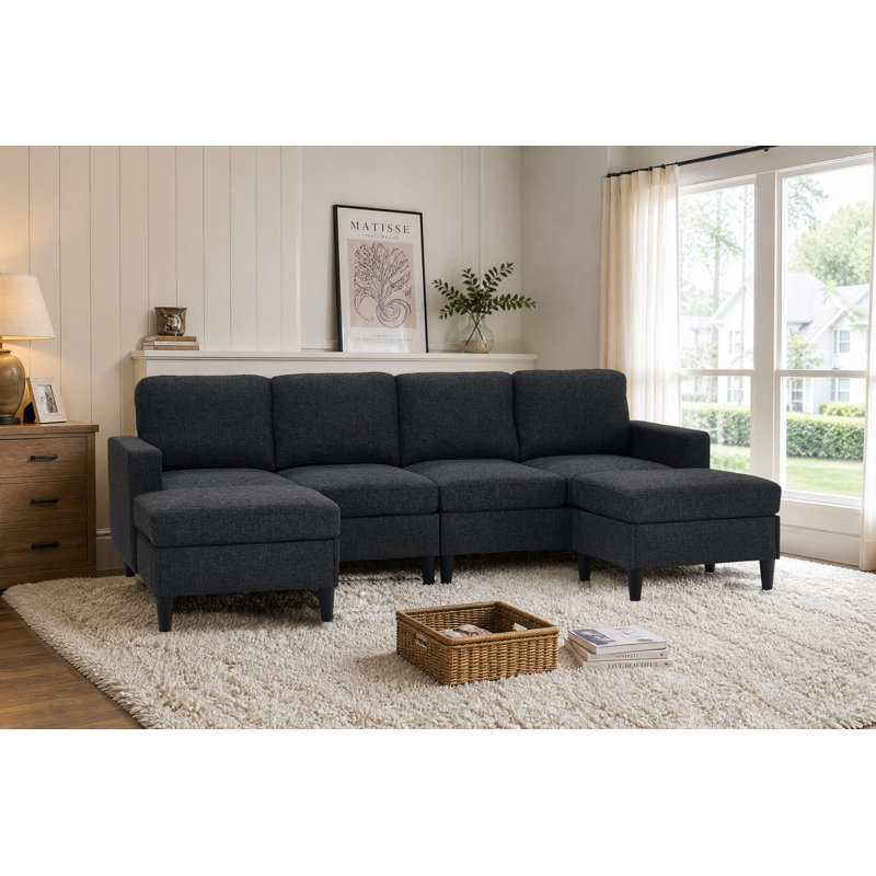 Canapé modulaire large avec repose-pieds Ranjeeta, Lin gris foncé