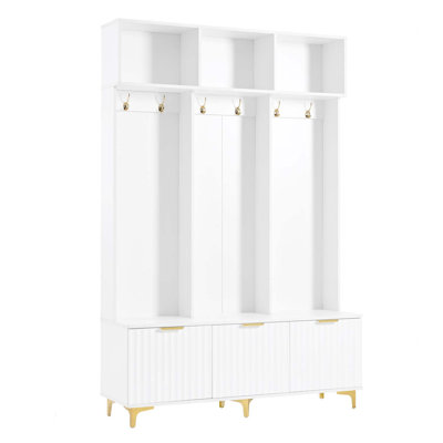 Grand portemanteau moderne avec banc, banc de rangement multifonctionnel avec portes cannelées ultrabrillantes, portemanteau luxueux avec 6 crochets et pieds dorés pour le vestibule et le salon