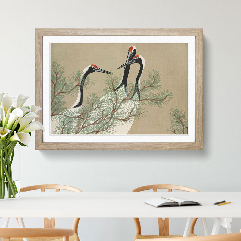 Three Cranes by Kamisaka Sekka - Picture Frame Painting, Oak, 36cm H x 48cm W x 2cm D