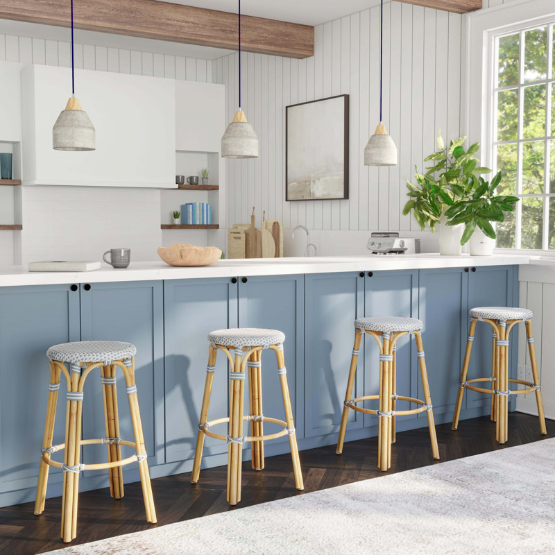 Tobias Rattan Bar Stool & Counter Stool, Bar Stool (30" Seat Height), White/Sky Blue Dot/Natural Rattan Frame