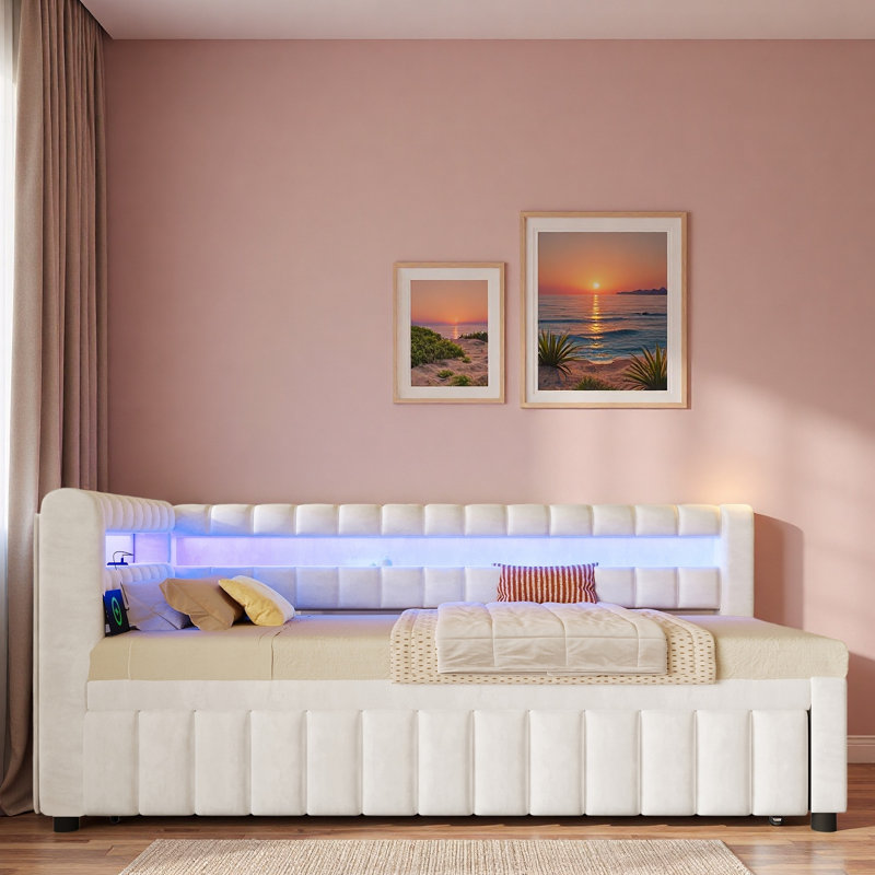 Lit de jour rembourré avec lumières DEL, ports USB et lit gigogne escamotable, Blanc