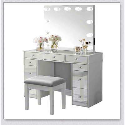 Ensemble coiffeuse de style contemporain avec tabouret, plateau en verre, tiroirs de rangement, miroir central, ampoules et prise de courant / USB