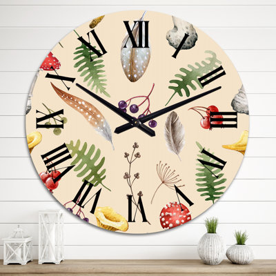 Horloge murale à motif de plantes sauvages et de champignons sur fond beige