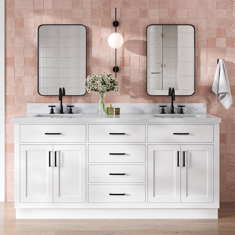 Tidworth Solid Wood Double Bathroom Vanity with 1.5' Carrara Marble Top, Forme rectangulaire, Blanc, Noir mat