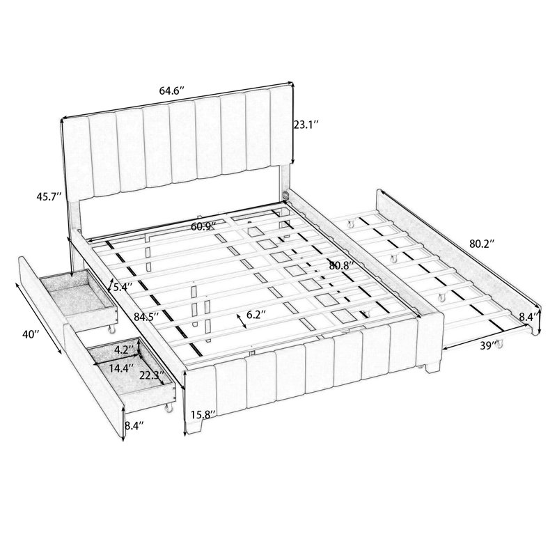 Seemab Upholstered Platform Bed with 2 Drawers, Trundle and Slats, Beige