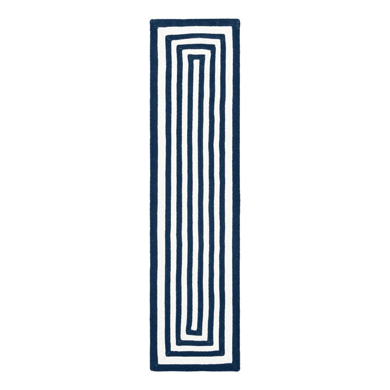 Kozan Geometric Handmade Flatweave Recycled P.E.T. Indoor / Outdoor Area Rug in Navy/White, Runner 2' x 8'