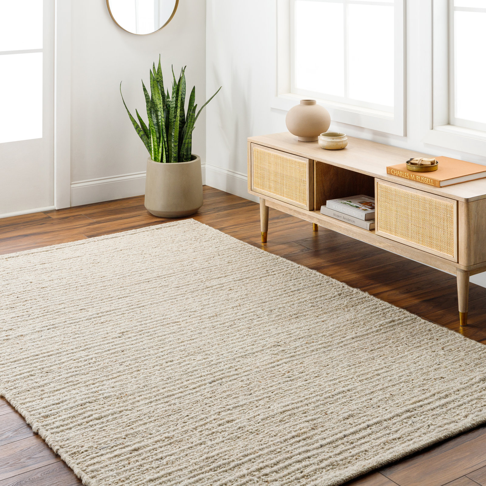Joly Hand-Woven Beige Striped Rug, Rectangle 6' x 9'