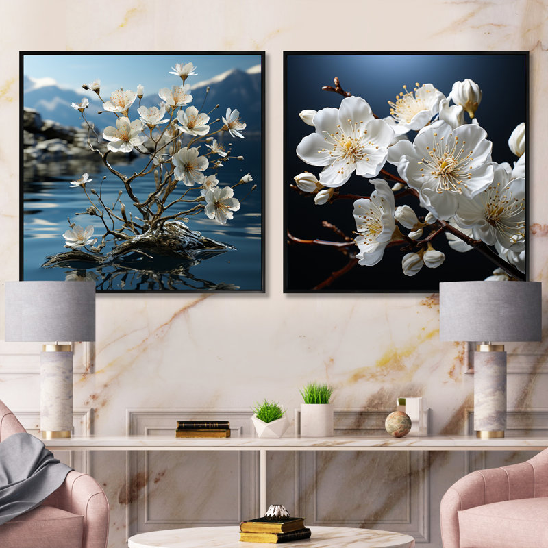 Blossuming Dogwood - Ensemble de 2 collages carrés Dogwood, Cadre flottant noir, H 16 po x l 33 po