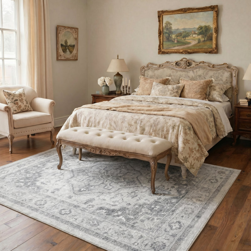 Medallia Floral Machine Washable Grey Indoor Area Rug with Non-Slip Backing, Round 5'