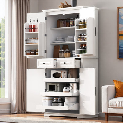 Tall Kitchen Pantry Cabinet With 3 Pull Out Cabinet Organizers, 6 Door Shelves And 2 Drawers