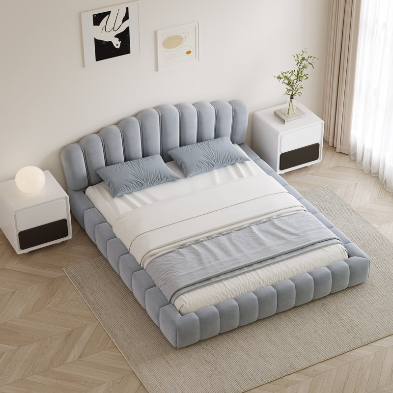 Grand lit tapissier capitonné avec tête de lit, Bleu clair