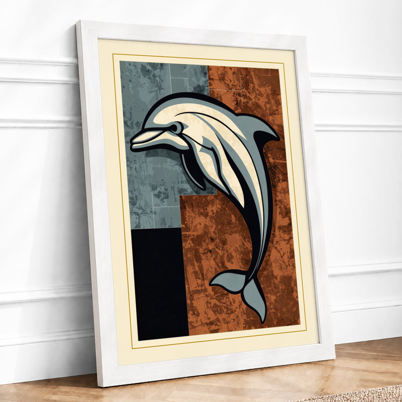 Leaping Dolphin Mid-Century - Framed Print, A2 - 59.4 x 42.0 cm, White