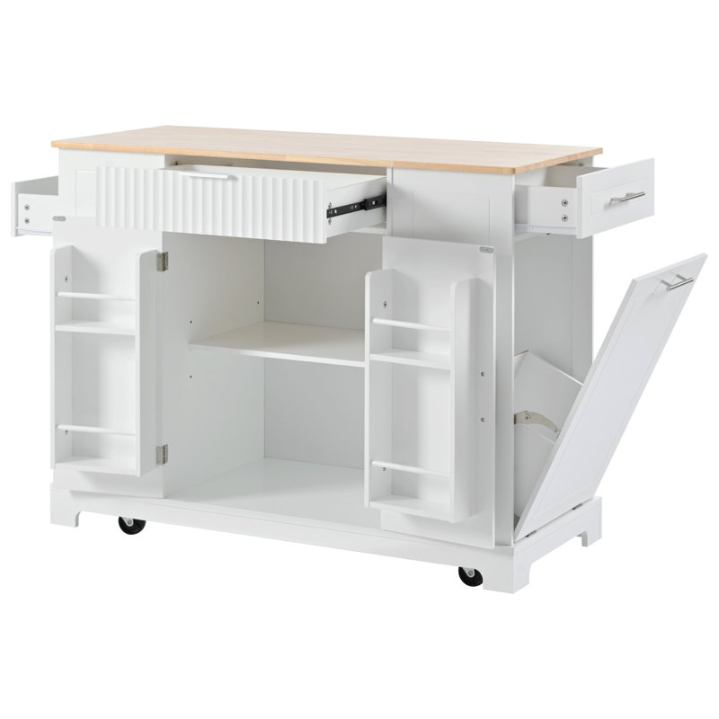 Fluted Kitchen Island With Trash Can Storage Cabinet, Power Outlet, Internal Storage Rack, Rolling Kitchen Islands On 5 Wheels With 3 Drawer, 3 Open Side Racks For 10 Gallon Garbage Bin, White