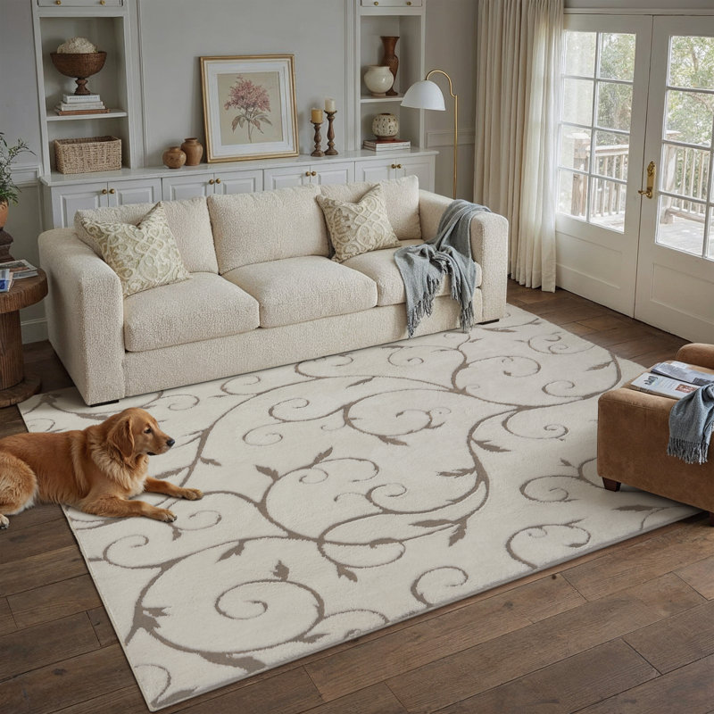 Tapis d'intérieur en velours de coton avec envers antidérapant Allover, Blanc cassé / blanc, Rectangle 5 pi x 7 pi