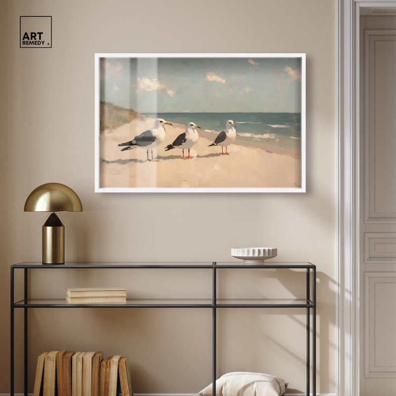«Seagulls at the Beach I Shadowbox Print Coastal Art» par Art Remedy, H 25 po x l 37 po, Blanc