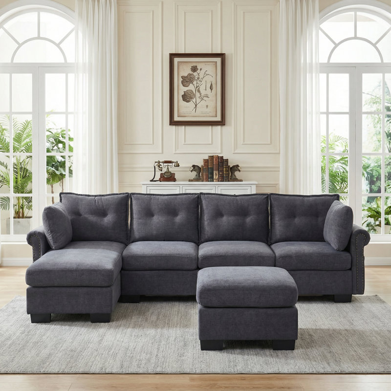 Canapé modulaire en L 112,2 po avec repose-pieds, tissu gris résistant aux rayures, Gris