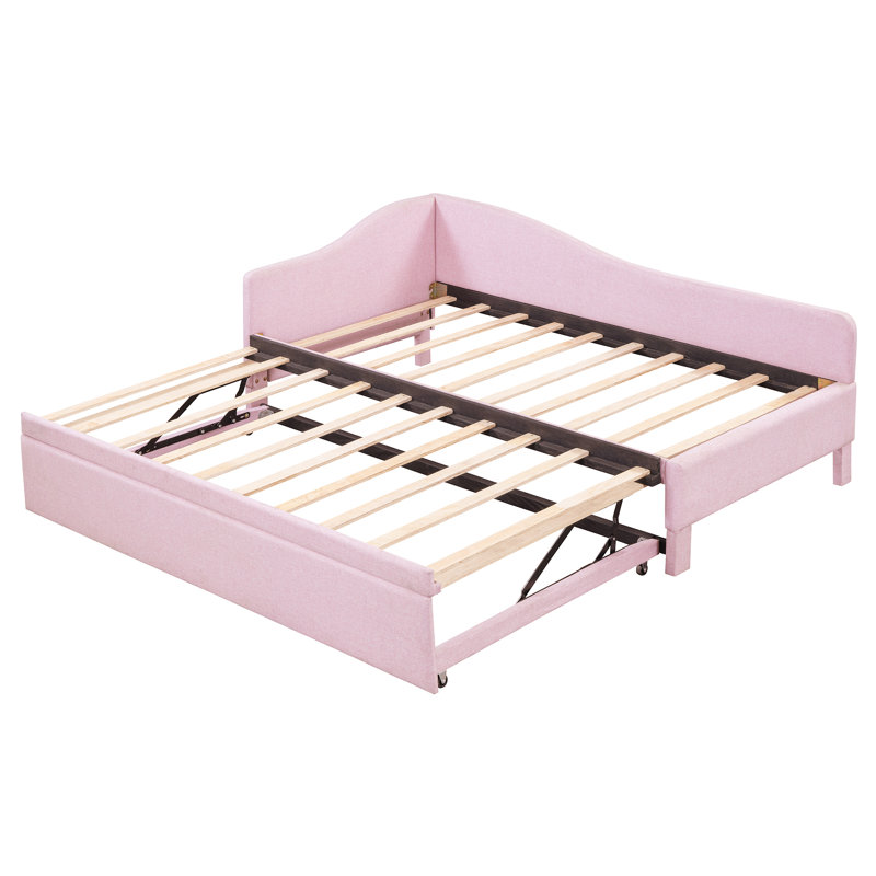 Upholstered L-Shaped Twin Size Daybed with Pop Up Trundle, Pink