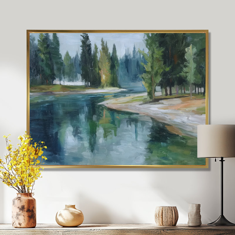«Pine Trees Fraser River Calming Current - River Large Wall Art, Green Landscape», reproduction d'art sur toile encadrée