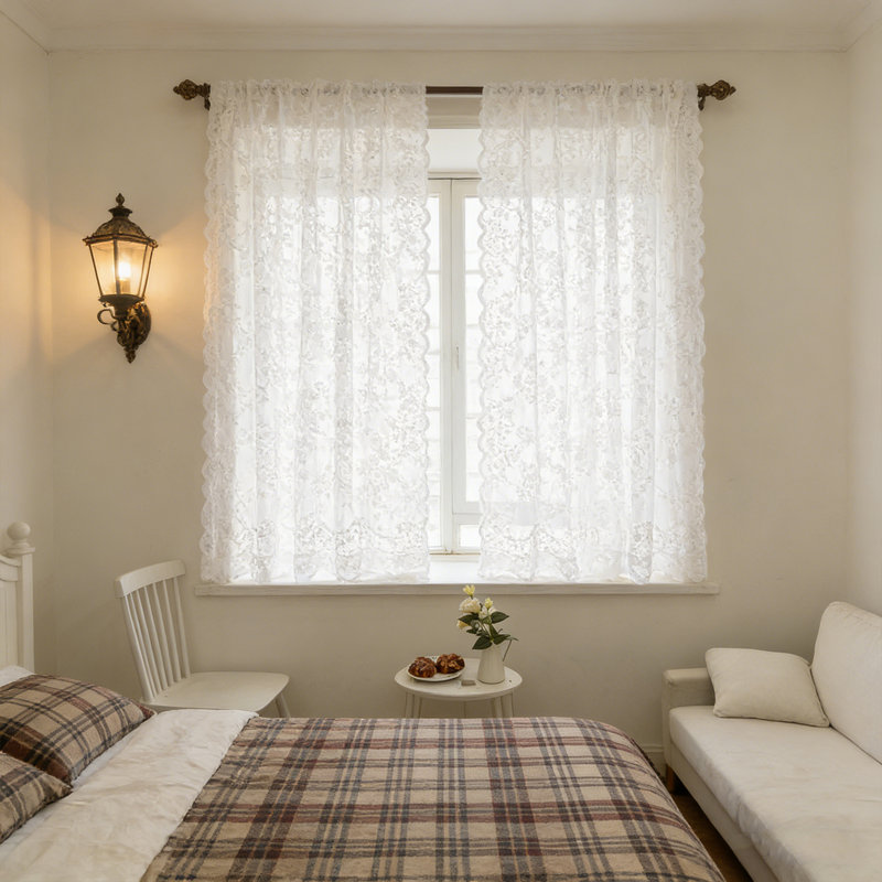2 pièces de rideaux en dentelle blanche festonnée transparente brodée avec fenêtre et passe-tringle pour la cuisine de la chambre à coucher